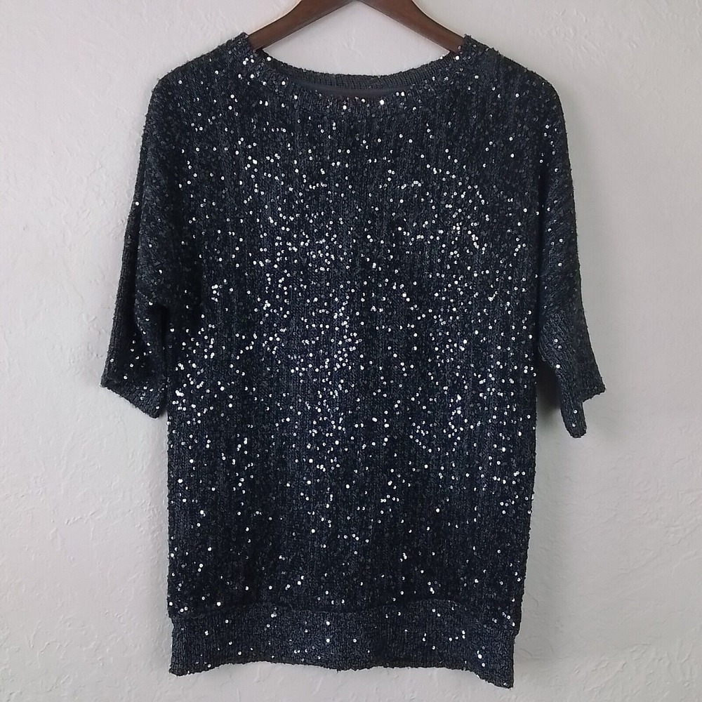 Y2K Etcetera Sequin Top Women's M Black Glitter Dolman‎ Sleeve Party Eveningwear